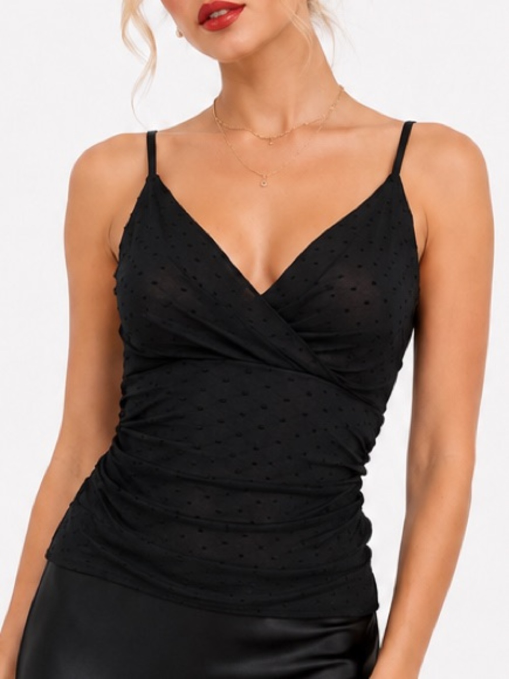 WHBM Black Swiss Dot Mesh Ruched Y2K Dark Coquette Cami Tank Top Size Medium